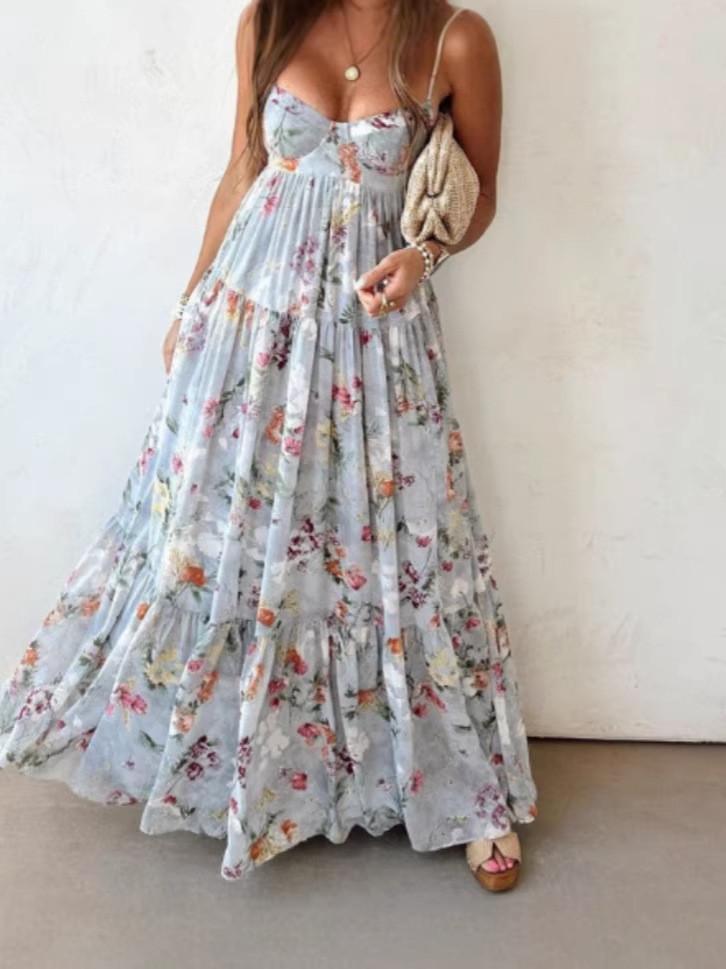 Polyester Floral Print Sleeveless Backless Dress For Summer Elegant Womens Fashion