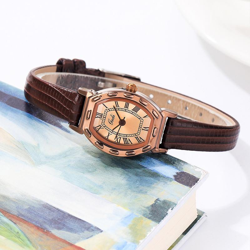 

Vintage Womans Barrel Shape Quartz Watch With Buckle Closure And Leather Strap DarkBrown