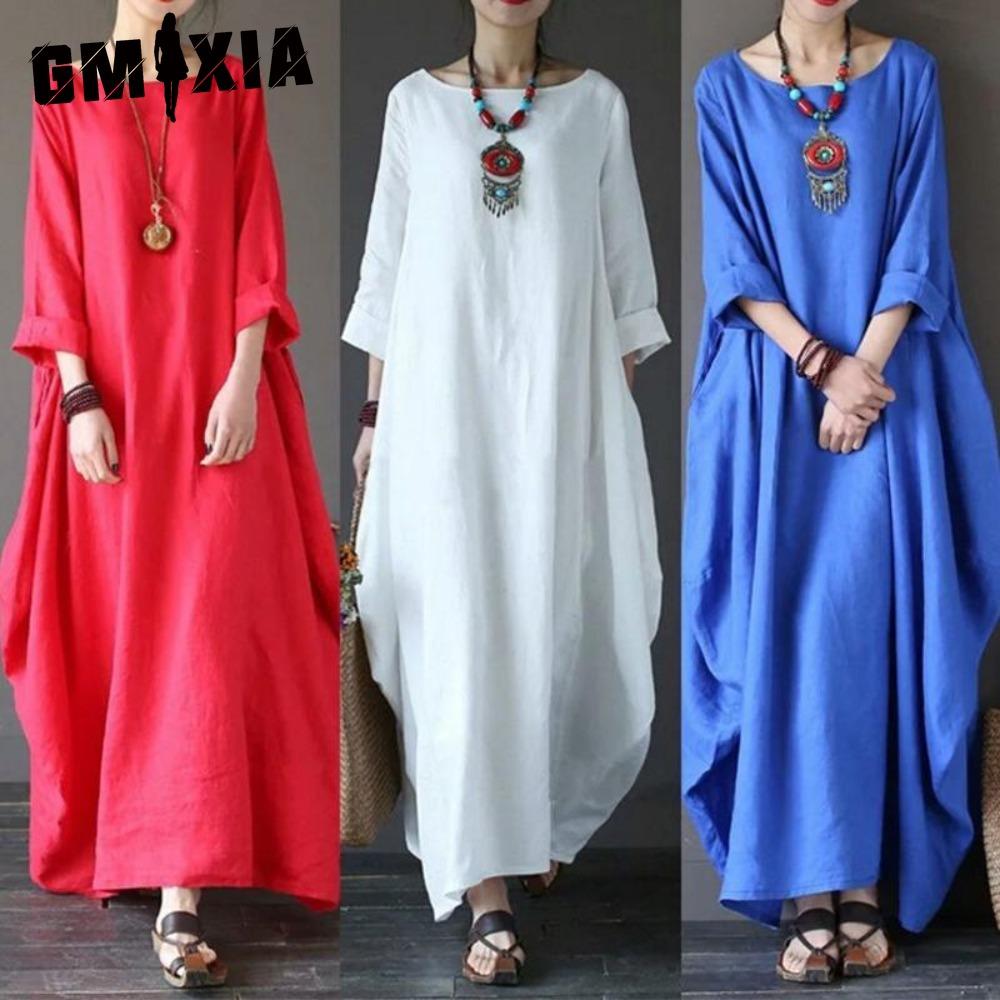 GMXIA Damen Lang Locker Sommer Freizeitkleid Leinen Baumwolle Übergröße