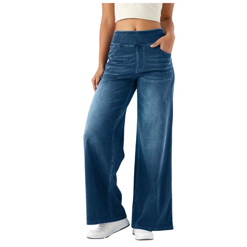 Ladies Wide Leg Trousers Elastic Waistband High Waist Stretch Vertical Trousers Stylish Womens' Casual Pants