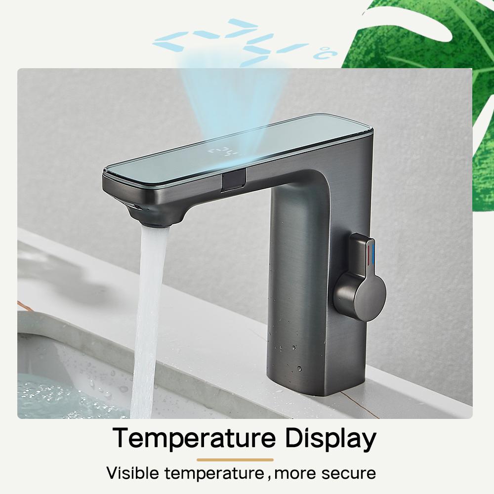 Touchless Sensor Basin Faucet Smart Digital Display Bathroom Sink Faucets Grey Brass Sense Hot Cold Water Mixer Tap Crane