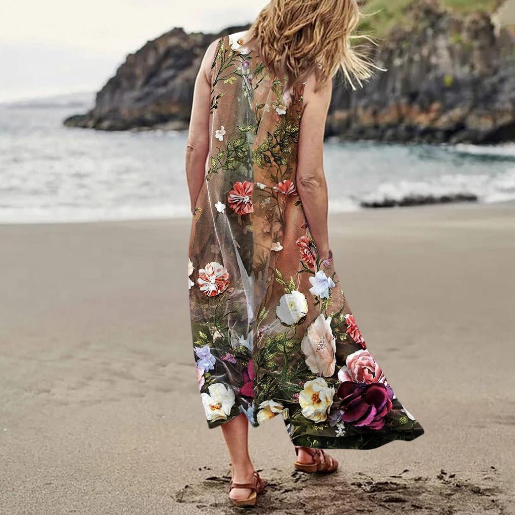 Women's Casual Fashion Flower Printed Sleeveless Pocket Dress