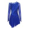 Womens Figure Skating Mesh Dress Long Sleeves Asymmetrical Ruffles Ruched Rhinestones Dancewear