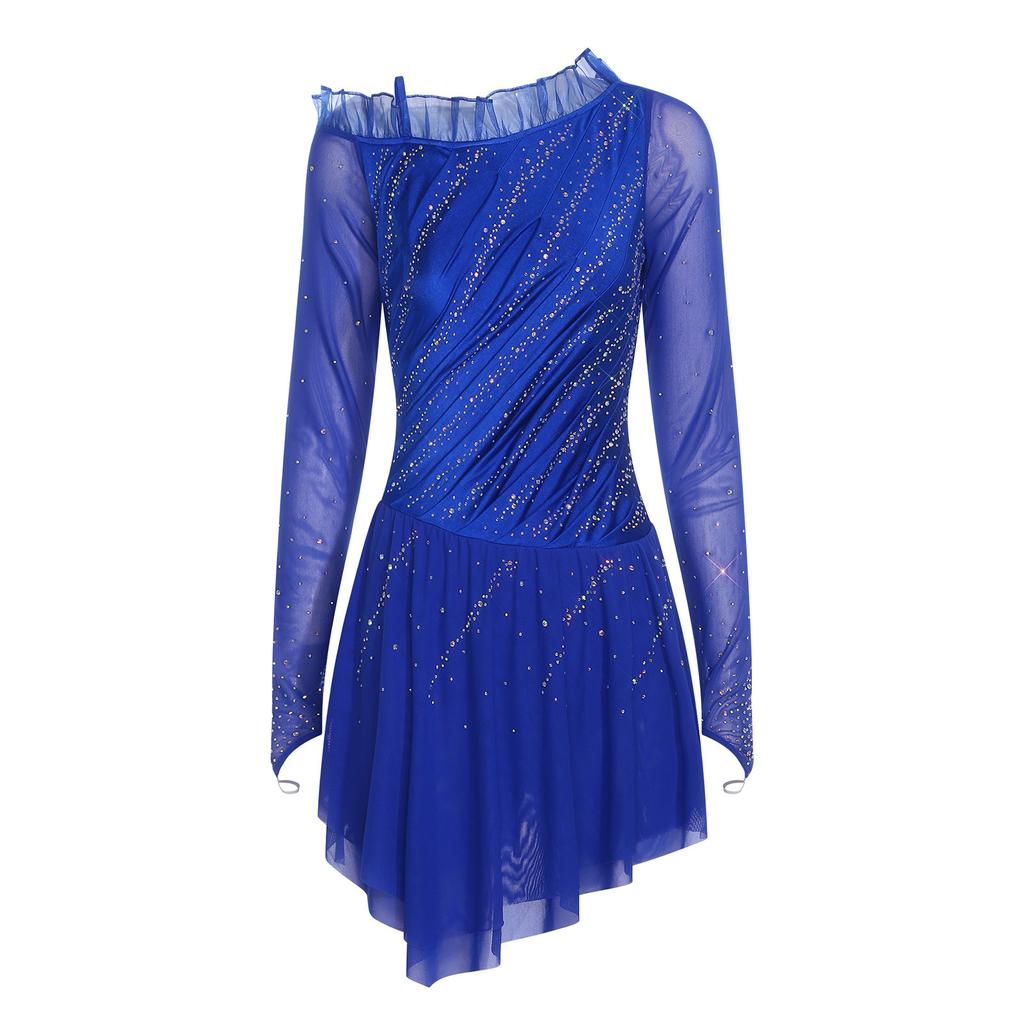 Womens Figure Skating Mesh Dress Long Sleeves Asymmetrical Ruffles Ruched Rhinestones Dancewear