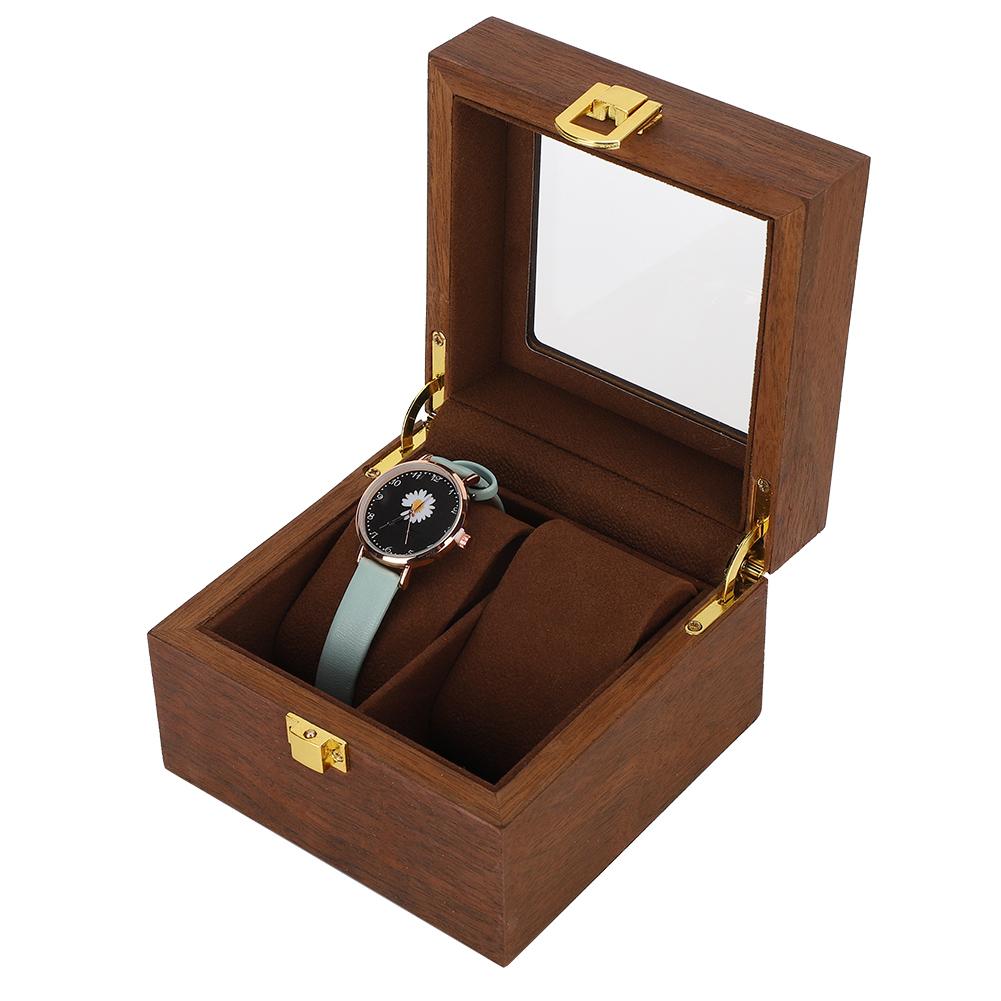 Wooden Watch Case 2 Slot Clamshell Watch Storage Box Organizer Black Walnut Color
