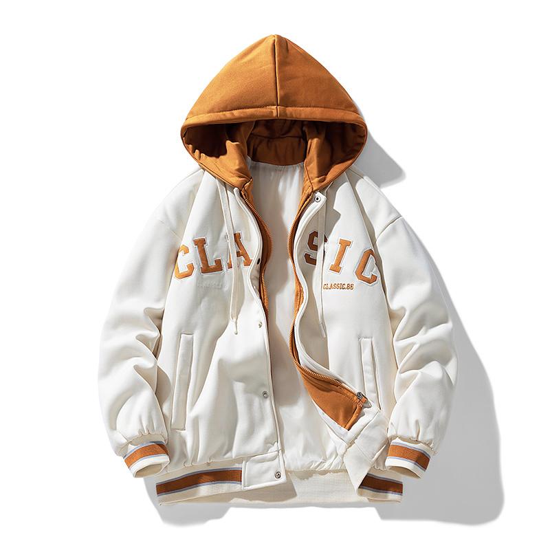 Spring and Autumn Men's Hooded Zipper Fashion Baseball Fake Two-piece Jacket Embroidered Fashion Couple Coat