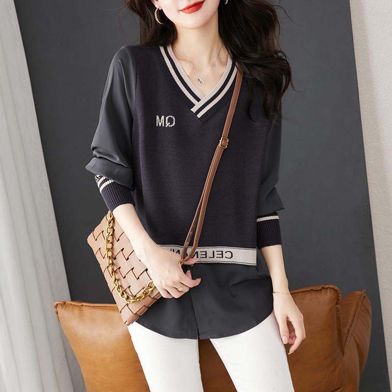 Streetwear Buchstabenbedruckte Midi-Bluse Fake Zweiteiler Gestrickt Gespleißt Chiffon Frühling Herbst Lässig V-Ausschnitt Hemd