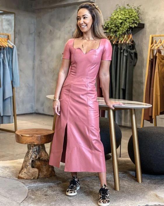 New Fashionable Pink Hot Party Lambskin Soft Dress Women s Leather Club Stylish S