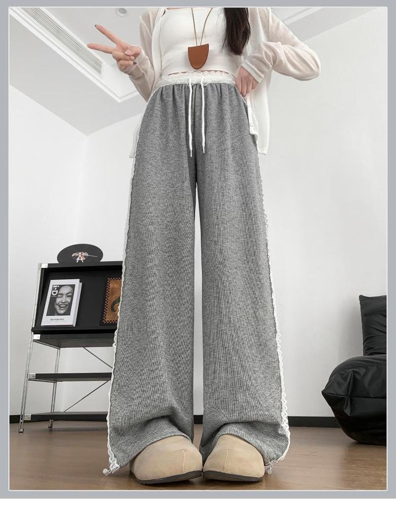 Knitted Lace Patchwork Wide-Leg Women's High-Waisted Casual Pants