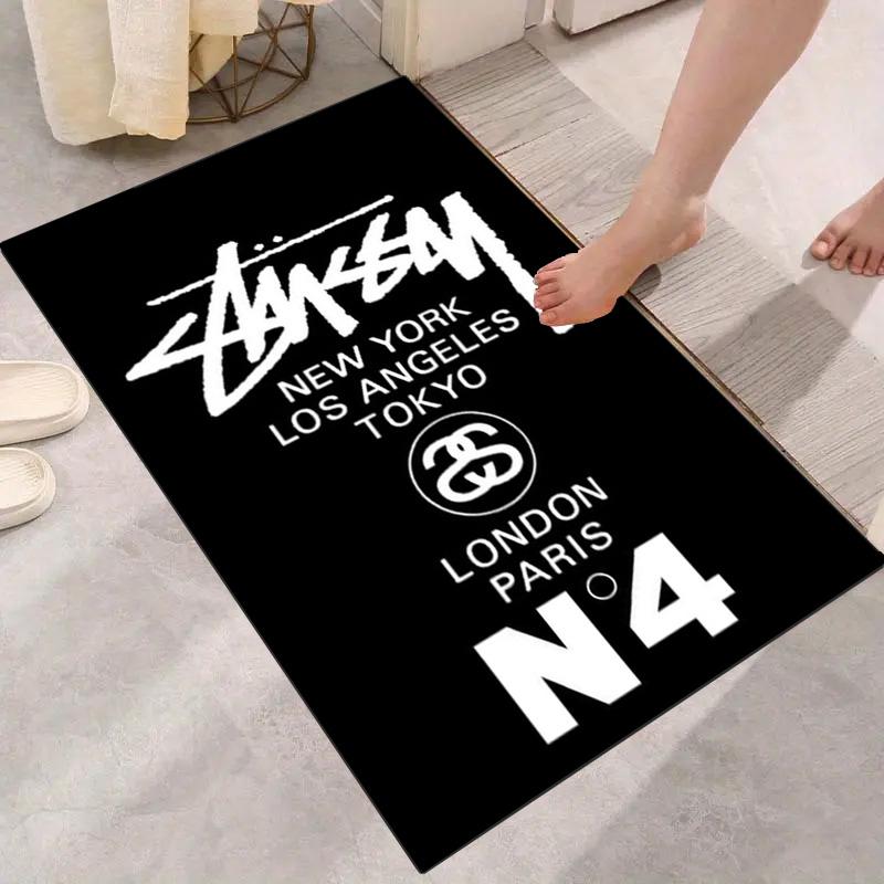 Black Base City Names No.4 Logo Area Rug Non Slip Mat, White Print Global City Street Art Carpet for Living Room Decor