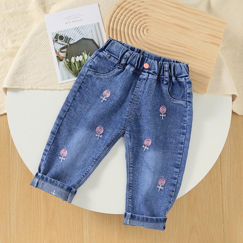 

Джинсы для девочек в корейском стиле, светло-голубые - Модные длинные брюки свободного кроя для весны и осени 110 cm леденец