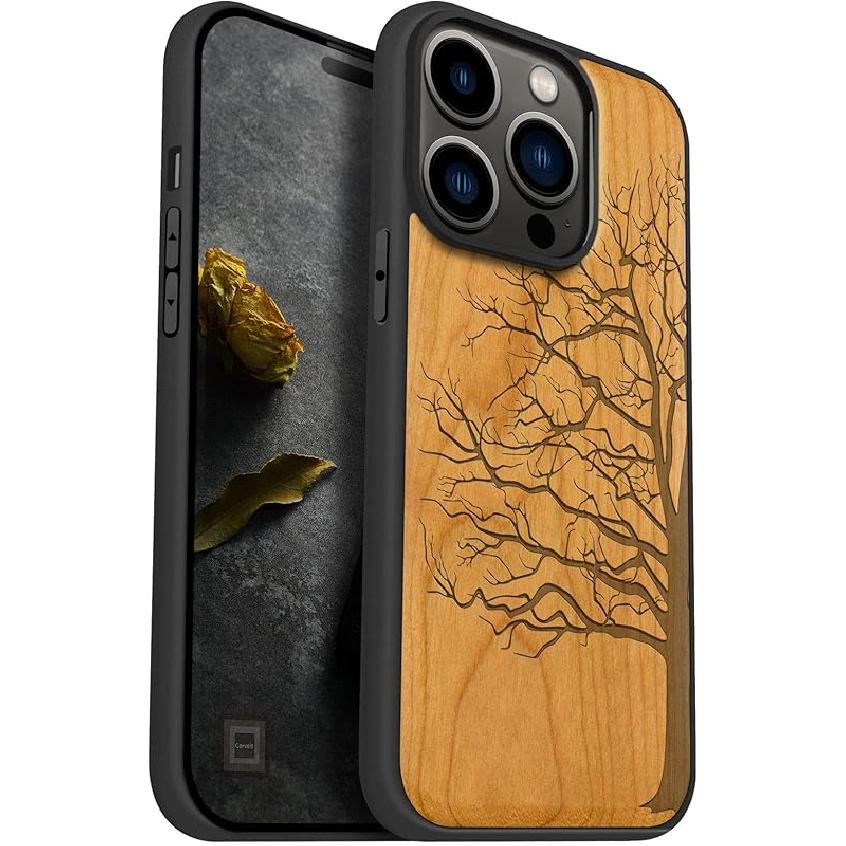 Carveit Magnetic Wood Case for iPhone 14 Pro Case [Natural Wood & Black Soft TPU] Unique & Classy Wooden Shockproof Protective Cover Compatible with
