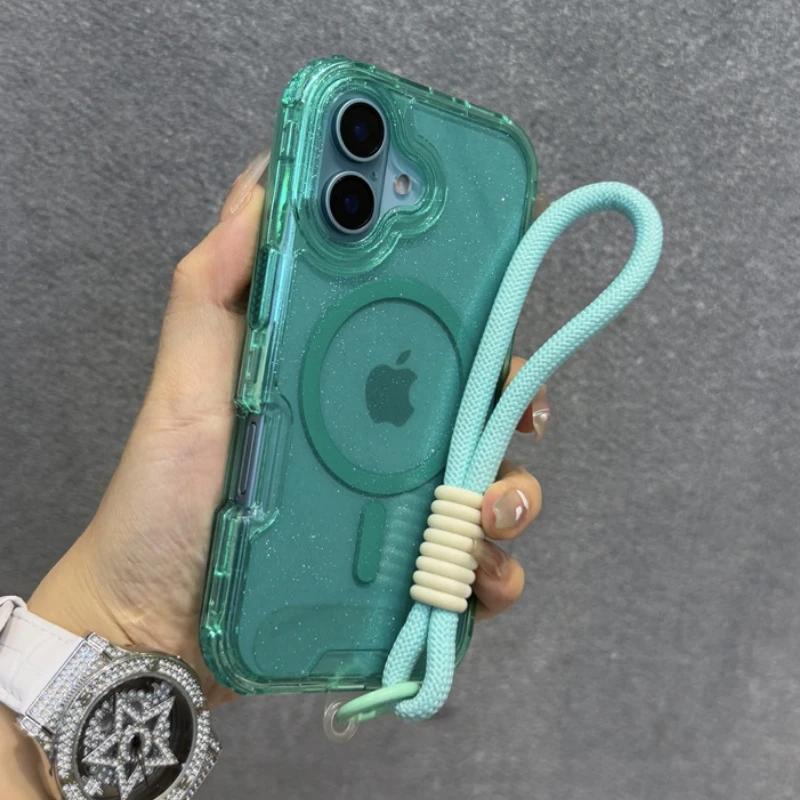 Glitter Transparent Magnetic For Magsafe Case For iPhone 17 15 14 Plus 13 16 Pro Max Wrist Strap Lanyard Shockproof Armor Cover