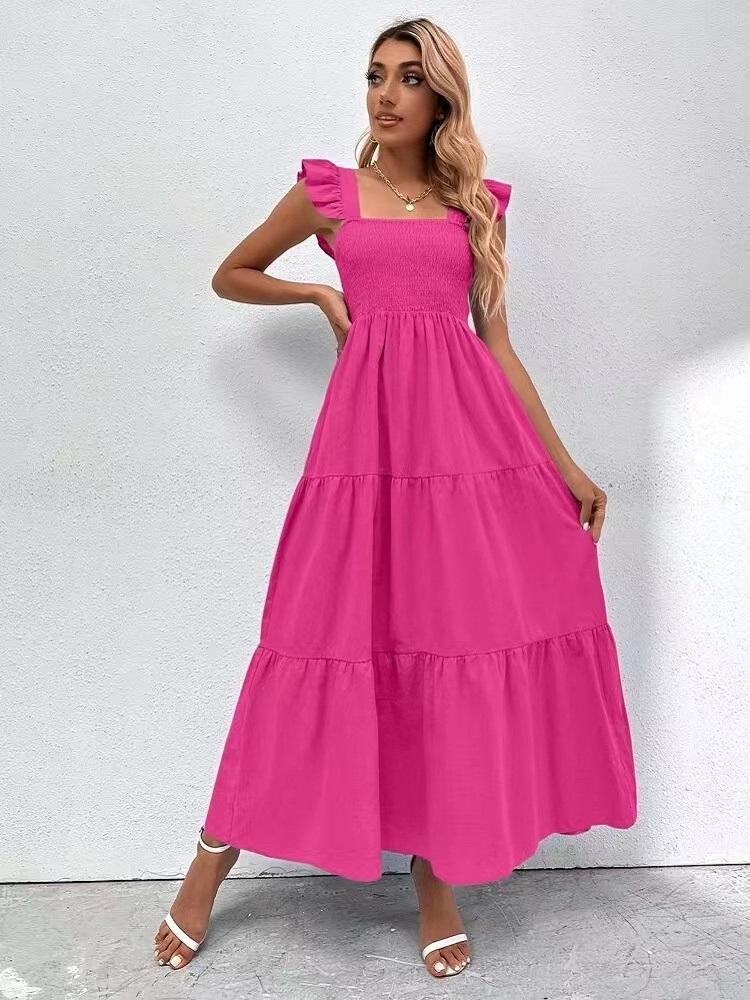 2026 Summer Square Collar Ruffles Sleeve Dress Women's Casual Elegant Solid Patchwork Pleated Empire Lady Party Dress Vestidos