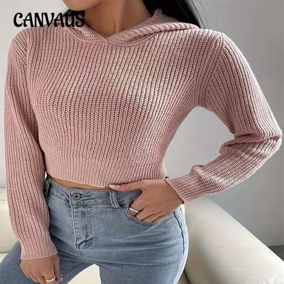 Pullover da Donna in Maglia con Cappuccio Monocolore con Laccio sulla Schiena Senza Schiena Maniche Lunghe Casual da Pendolare