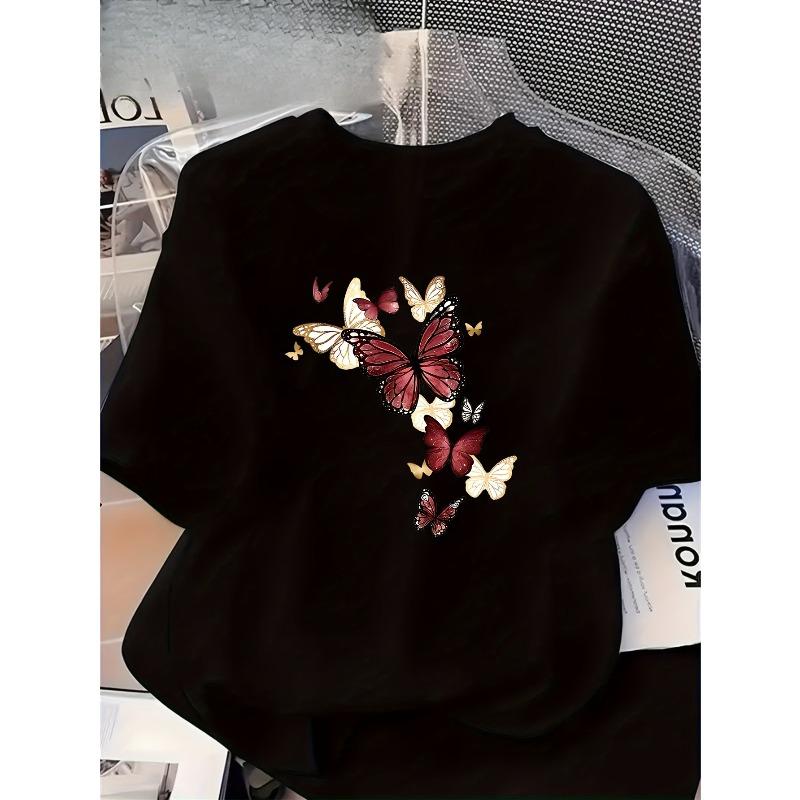 European Size Women'S Sleeve T-Shirt with Vibrant Butterfly & Floral Letter Print - Casual Crew Neck, Spring