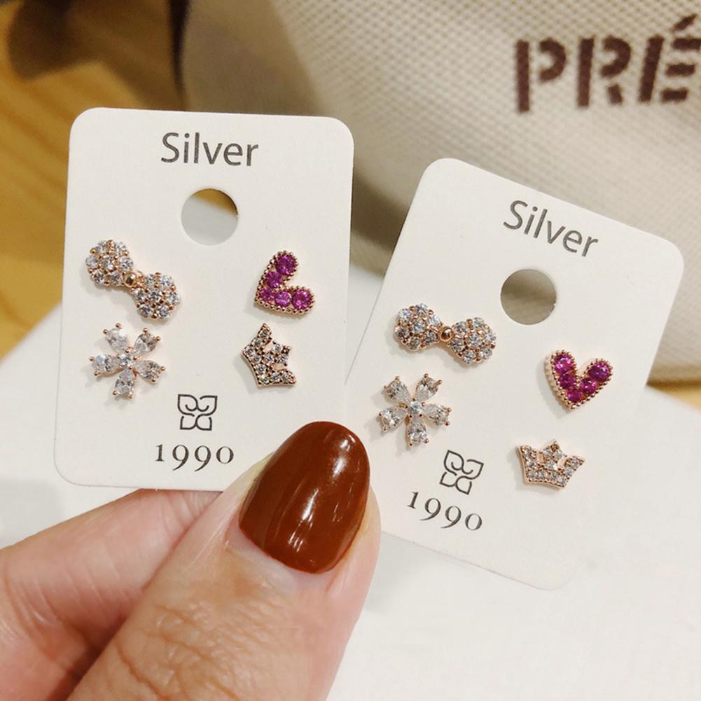 4 Pcs/set Fashion Simple Bowknot Hear-shaped Flower Crown Ear Studs