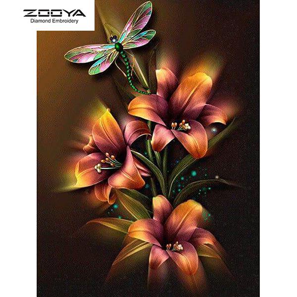 

ЗООЯ DIY 3D круглая алмазная живопись Стрекоза и цветок вышивка крестиком домашний декор