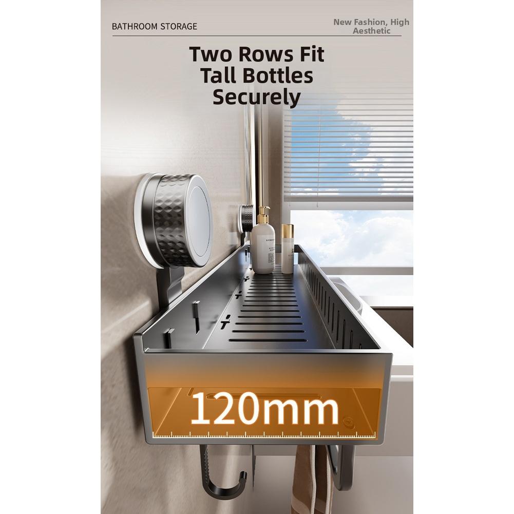 Multi Tier Suction Cup Shower Shelf with Hooks and Towel Rack for Efficient Bathroom Storage Rust Resistant Finish