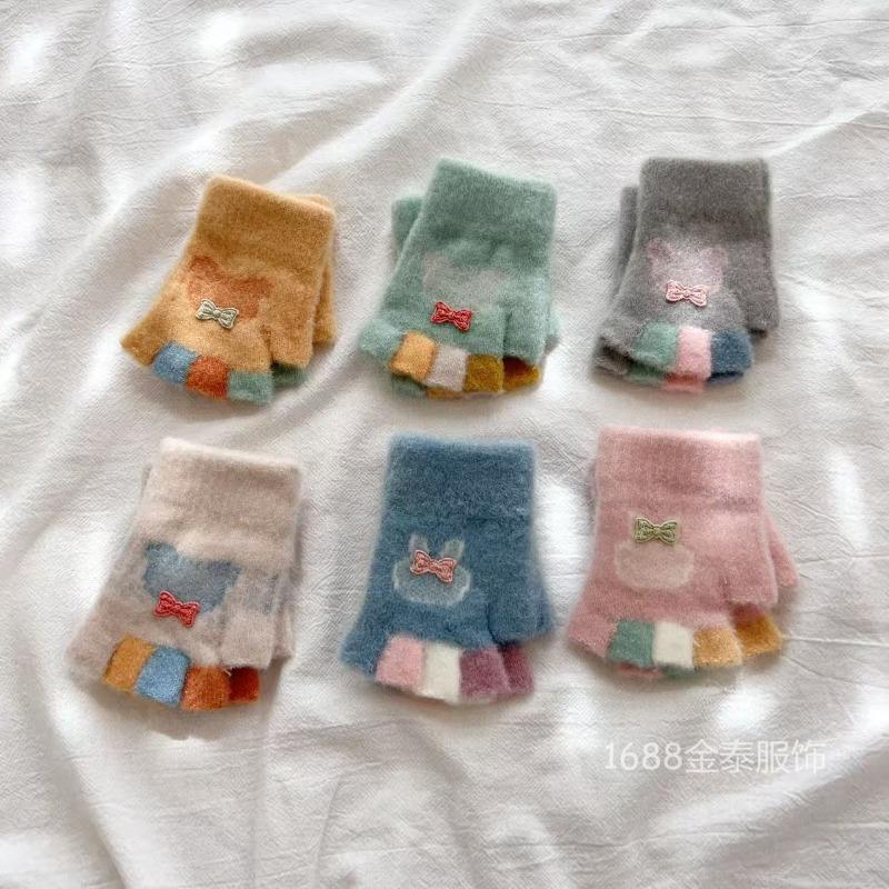 - Years old, baby sticky bow Mickey half finger autumn and winter cute baby gloves warm knitted gloves