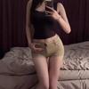 Women's Low Waisted Khaki Denim Shorts Sexy Bodycon Mini Hot Pants for Summer