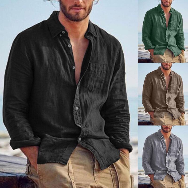 Blusa superior de camiseta de color sólido de lino de algodón de manga larga casual de moda para hombres