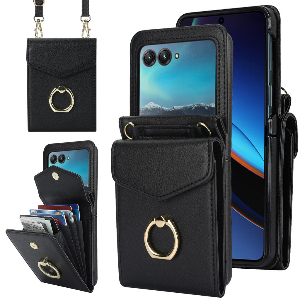 Crossbody Cards Solt Wallet Leather Ring Holder Case For Motorola Razr 50 Ultra Razr50 40 Long Lanyard Pocket Bag RFID Cover