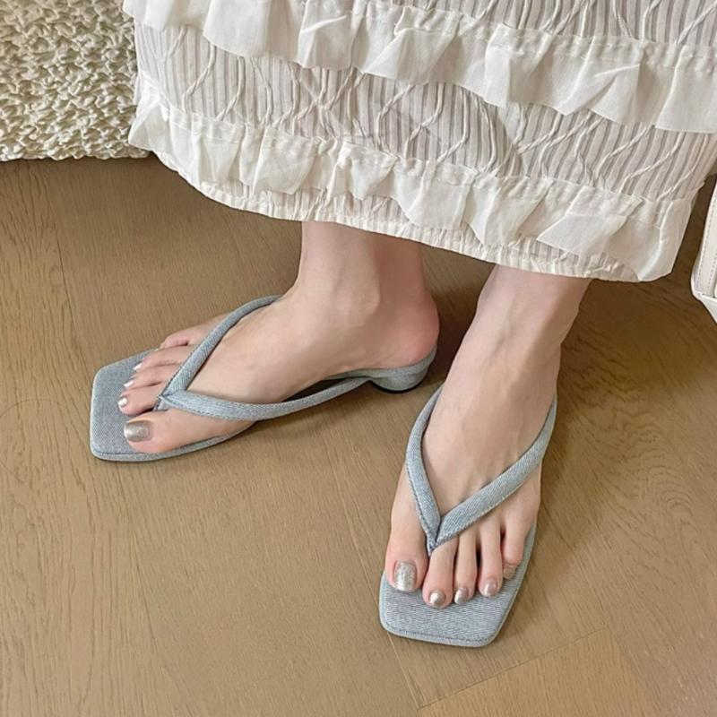 Fashion Toe Clip Women Flip Flops 2025 Summer New Fashion Casual Square Head Thick Heel Non-slip Beach Shoes Slippers for Women