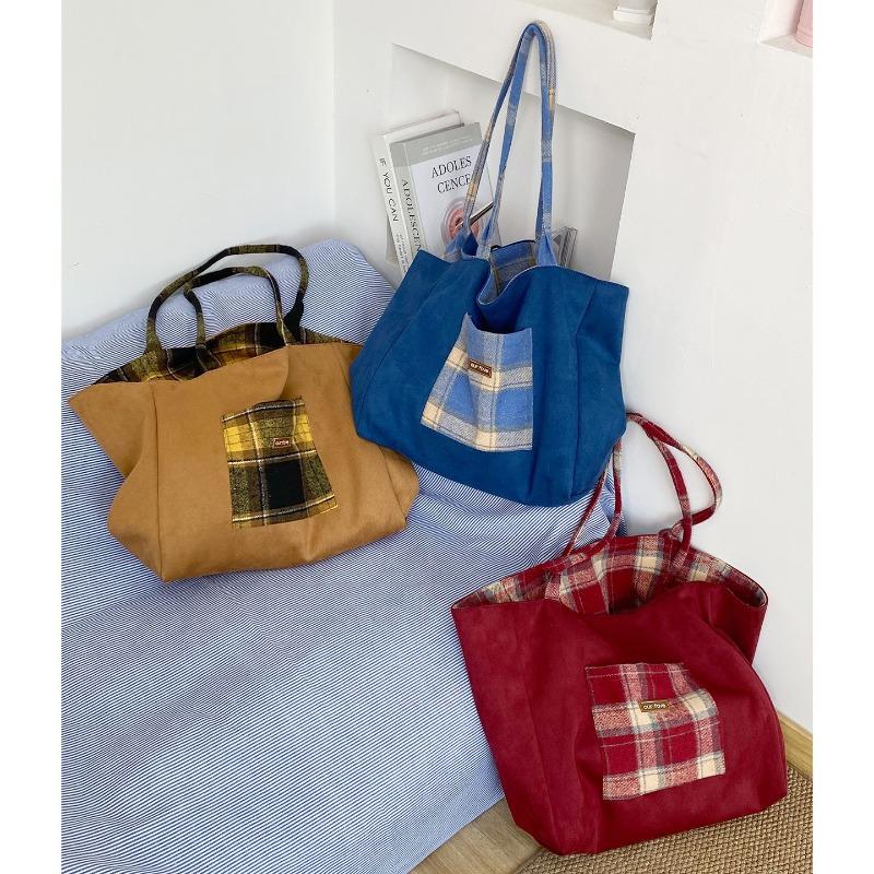 Autumn and Winter Woolen Plaid Double-sided Bag Fresh College Style Shoulder Bag Large Capacity Lazy Style Tote Bag Women