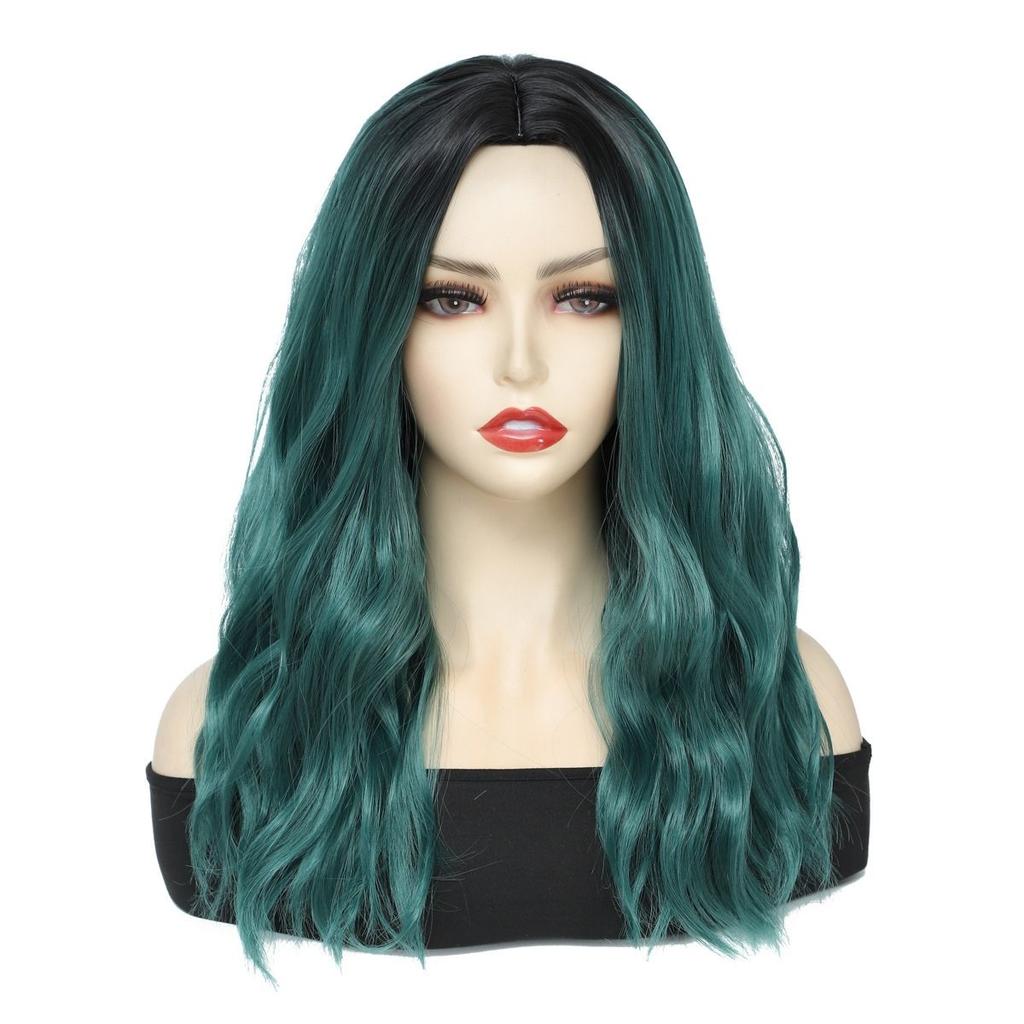 Highlight dark green High Quality Synthetic Long Curly Hair Fashion New Big Wave Mid-point Wig Women's Wig