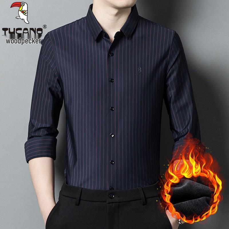 Woodpecker Men's Iron-Free Striped Long Sleeve Shirt – Wrinkle-Resistant, Elastic, Casual Wear for Middle-Aged Men (Spring/Autumn)