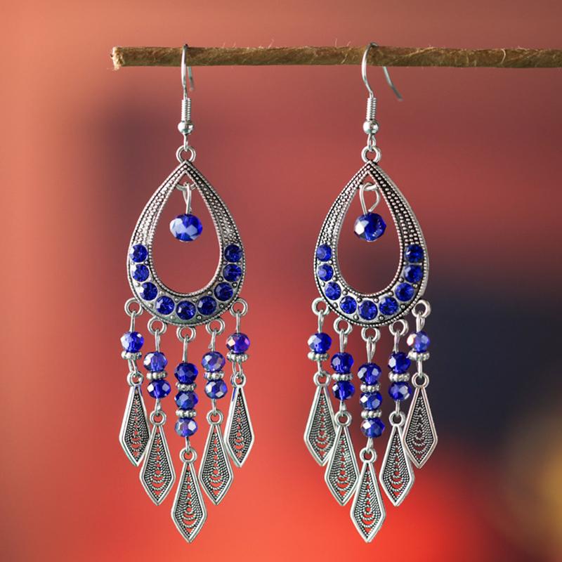 Ethnic Colorful Rhinestone Crystal Tassel Earrings For Women Vintage Niche Water Drop Shaped Earrings Vacation Daily Jewelry