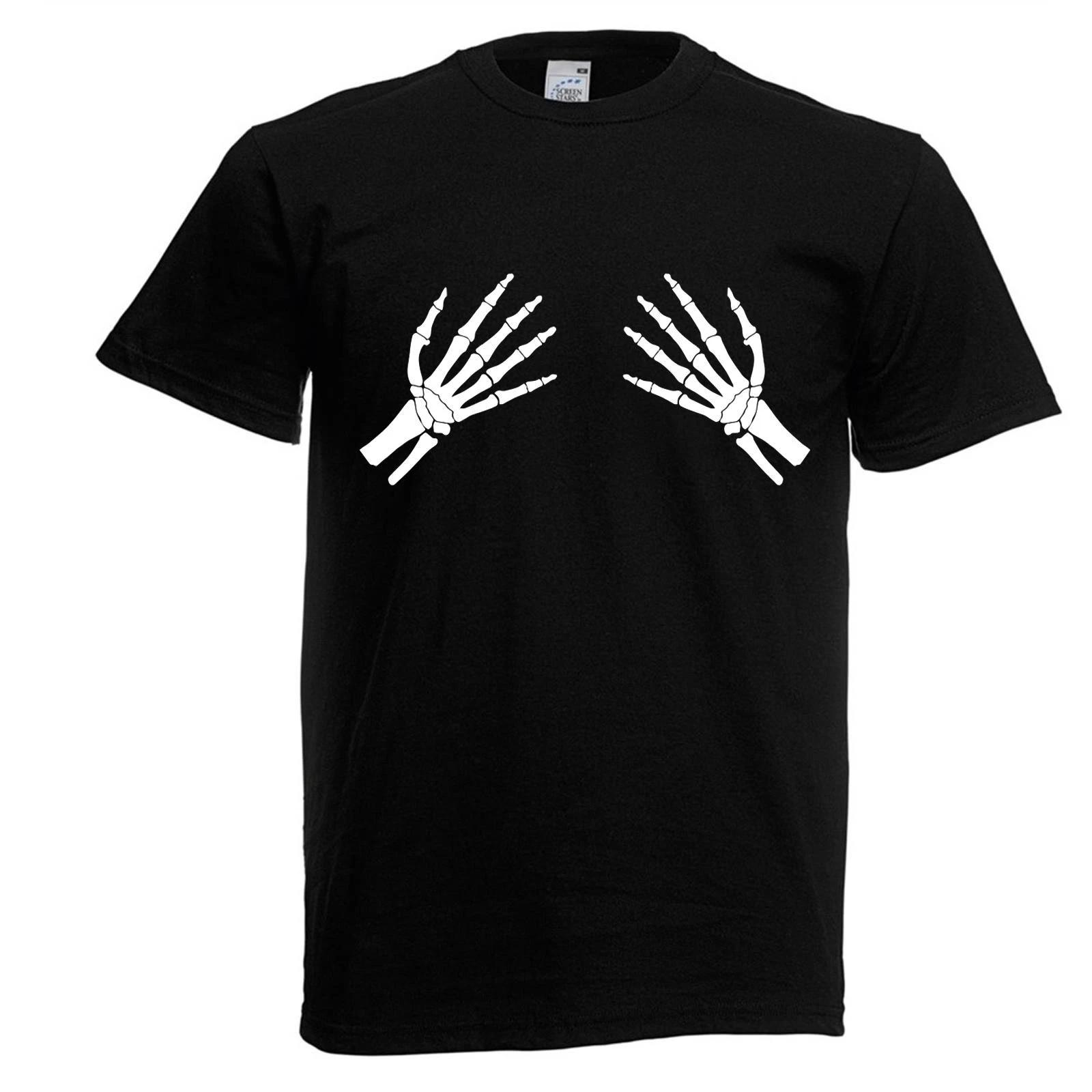 Mens Skeleton Hands Over Boobs Halloween Cheeky Unisex Black T-Shirt 2XL