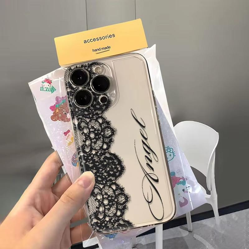 Black Lace Transparent Phone Case for iPhone 17 16 15 14 13 12 11 Pro Max XR 14 Plus 17E 16E Air Screen Protector Soft Cover