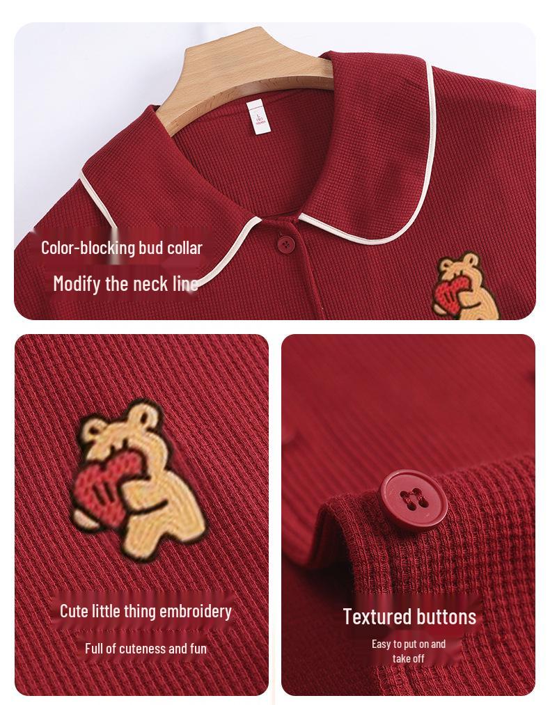 Red Cotton Couple's Pajamas Set: Short-Sleeve Cardigan & Shorts - Wedding & Year of the Rat Theme