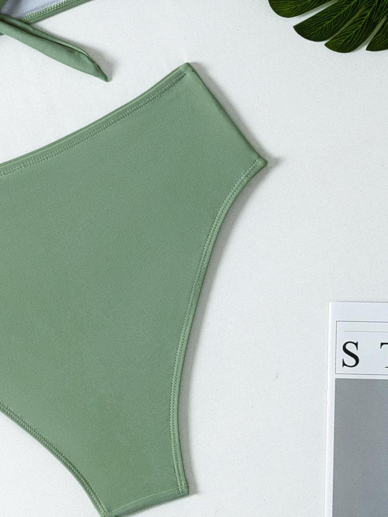 2026 Stylish European & American Solid Color High-Waisted Bikini Swimsuit