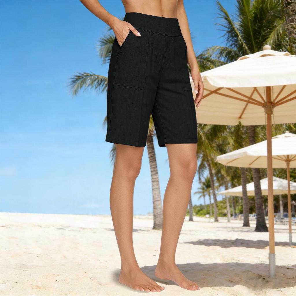Sommer 2026 High Waist Baumwoll-Leinen Lässige Lockere Shorts mit Taschen