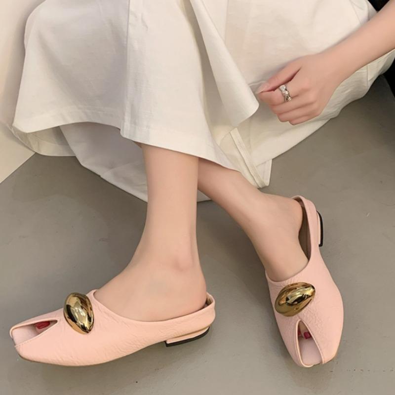 Fashion Metal Buckle Square Toe Low-heeled Slippers Summer New Wrapped Head Foot Soft Sole Anti-slip Wear-resistant Cool Mopping
