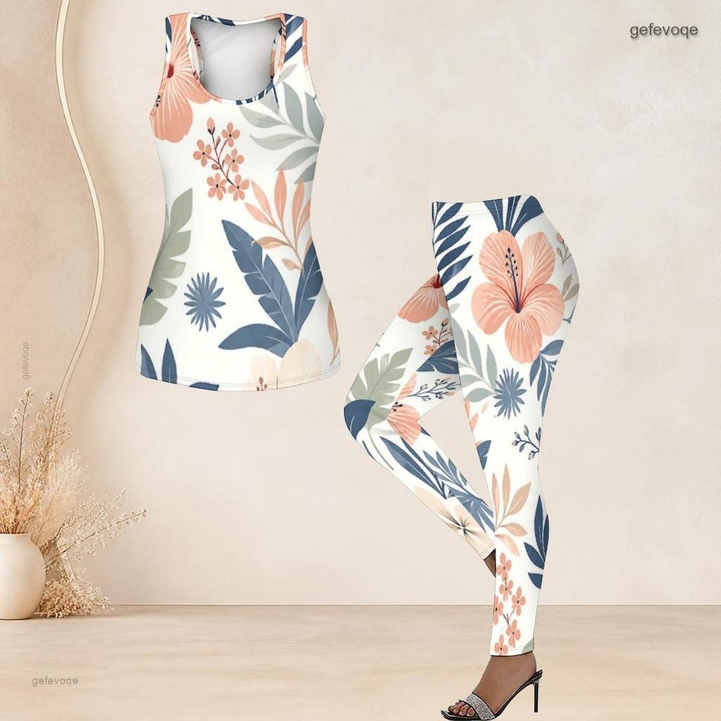 Women Plus Size Two Piece Set Scoop Neck Sleeveless Floral Printed Tank Top And Fitted Pants