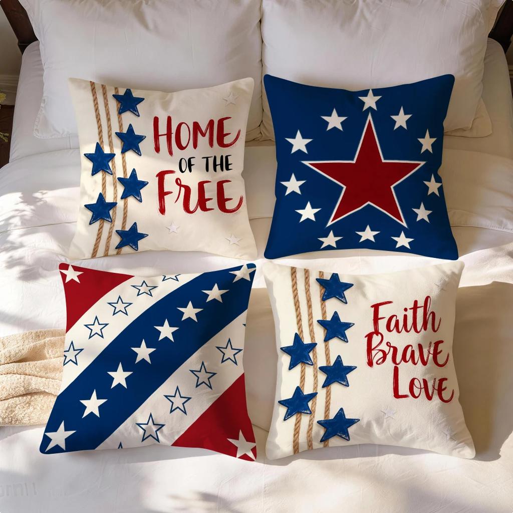 4Pcs 4Th Of July Star Hemp Rope Print Single-Sided Cushion Cover For Living Room Bedroom Car Home Decor