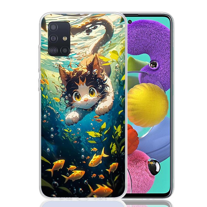 Cartoon Cute Cat Fish Aesthetic Phone Case For Samsung Galaxy A52 A32 A22 A12 A02S A50S A30S A51 A31 AA71 Note 20 Ultra 10 S10 P