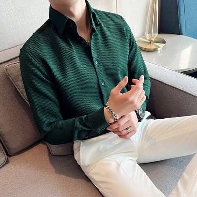Men's Spring and Autumn Plus Size Short Long Sleeved Solid Color Waffle Shirt Slim Fit Business Handsome Vertical Collar Shirt