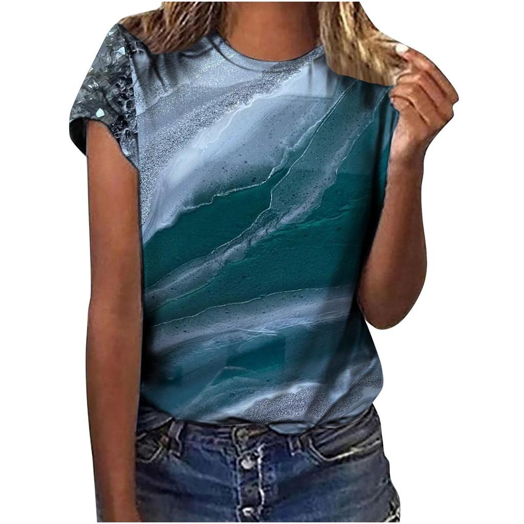 2026 New Summer Temperament Women's Sunrise Printed Women's T-shirt Round Neck Short Sleeve Street Casual Daily Basic Tops