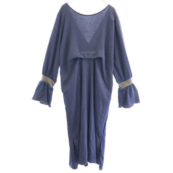 unused THURIUM Long sleeve Dancing tuck cut frills Long dress 38 Navy Women Used