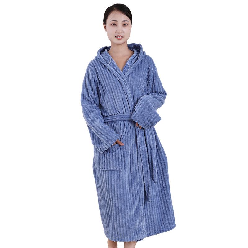 Dicker Kapuzen-Bademantel für Damen in Candy-Streifen, Übergröße, Korallenfleece