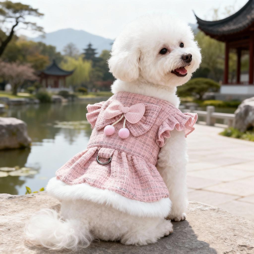 2026 New Outfit for Small Dogs Tweed Dog Dress with Bow & Pom-pom Decor, Ruffled Sleeves & Leash Ring, Elegant Daily