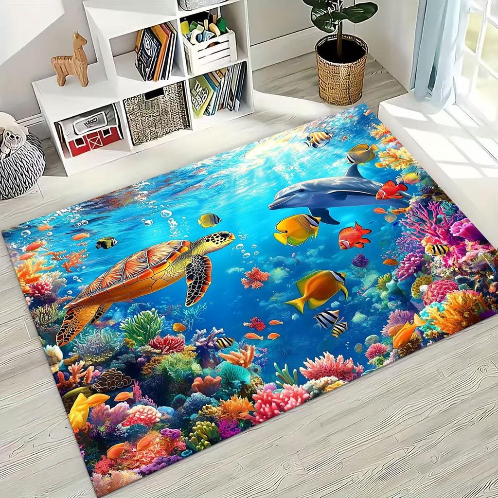 Underwater World Sea Dolphin Turtle Coral Rug for Bedroom Living Room Sofa Home Doormat Decor,Kids Non-slip Floor Mat