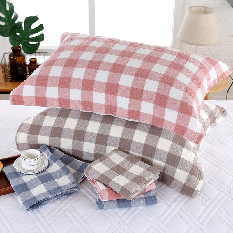 Three-Layer Washed Cotton Plaid Gauze Pillowcase - Soft, Breathable, Sweat-Absorbing Japanese Style