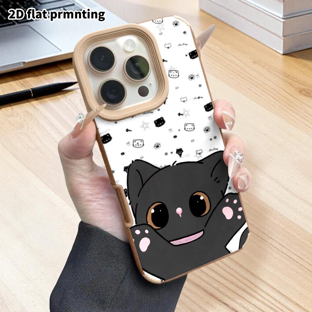 Phone Case: 2D Flat Lambskin Suitable for iPhone 18 17 16 15 14 13 Pro Film Protective Case,little Black Cat, Christmas and Halloween Gift