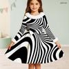 Girls High Neck Long Sleeve Black White Swirl Printed A Line Flared Dress With Furry Trim Bow